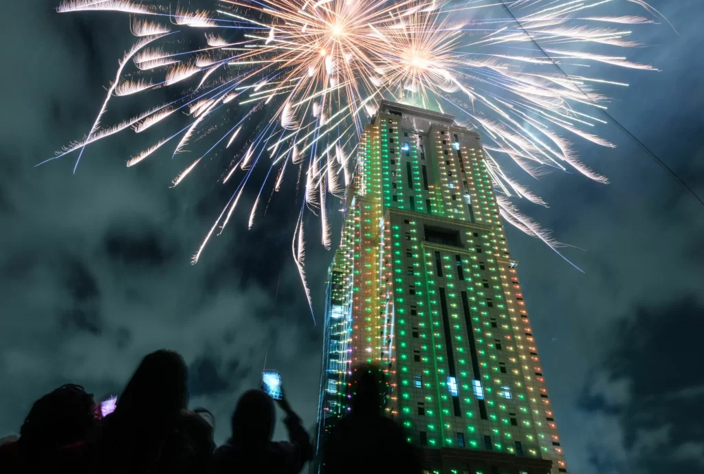 People look at fireworks launching from the building of Old Mutual Tower to celebrate the new year in Nairobi.
Yasuyoshi Chiba /AFP via Getty Images