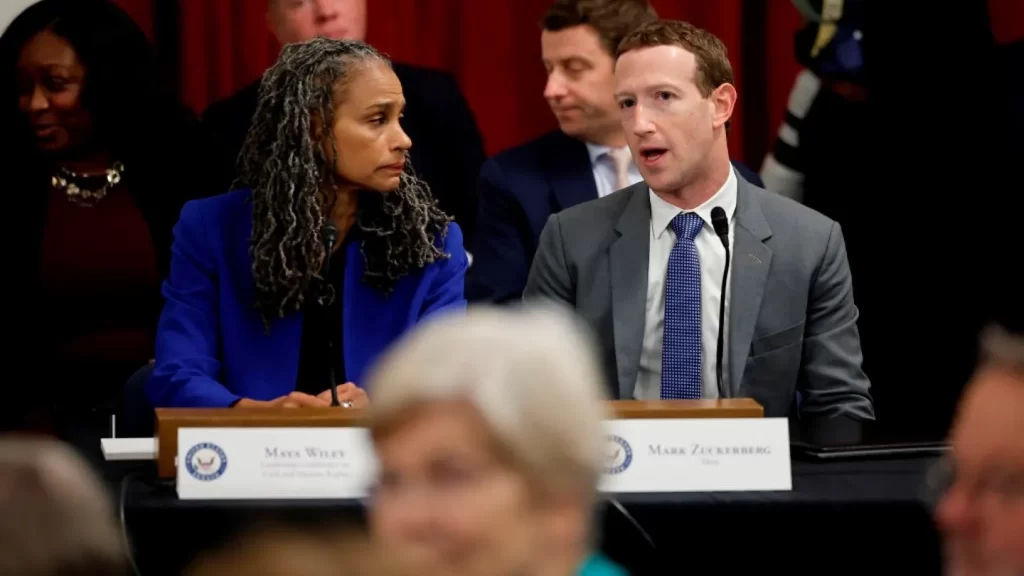 Leadership Conference on Civil & Human Rights President and CEO Maya Wiley (L) and Meta CEO Mark Zuckerberg attend the AI Insight Forum (Getty Images)

