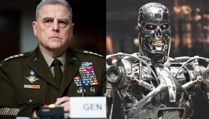 Chairman of the Joint Chiefs of Staff General Mark Milley testifies during a Senate Armed Services Committee hearing on Capitol Hill in Washington, DC, April 7, 2022 (L) and a image of a AI-powered futuristic robot from the movie Terminator (R).—AFP/File