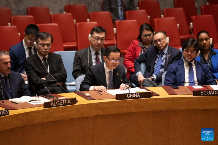 Dai Bing (C, front), the charge d'affaires of China's Permanent Mission to the United Nations, speaks during an emergency meeting of UN Security Council held at the UN headquarters in New York, April 14, 2024. Dai on Sunday called for calm and restraint after Iran's retaliatory attack on Israel over the latter's deadly assault on the Iranian consulate in Syria. (Xinhua/Xie E)