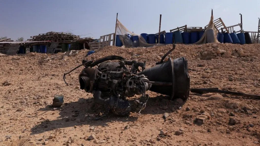 The remains of a rocket booster that Israeli authorities say severely wounded a 10-year-old girl in southern Israel
