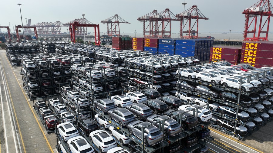 This aerial photo taken on Jul. 11, 2023 shows new energy vehicles for export at a terminal of Taicang Port, east China’s Jiangsu Province. (Photo/Xinhua)
