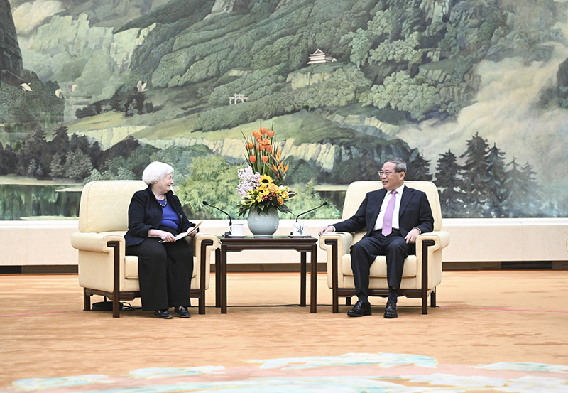 Chinese Premier Li Qiang meets with U.S. Treasury Secretary Janet Yellen at the Great Hall of the People in Beijing, capital of China, Apr. 7, 2024. (Photo/Xinhua)
