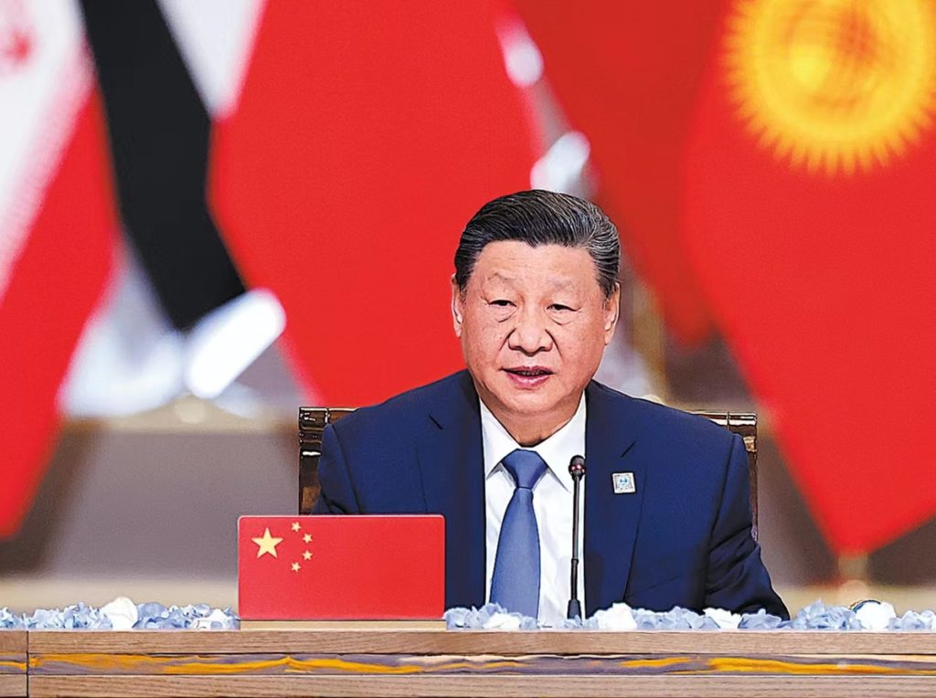 President Xi Jinping delivers a speech on Thursday during the 24th Meeting of the Council of Heads of State of the Shanghai Cooperation Organization in Astana, Kazakhstan. FENG YONGBIN/CHINA DAILY
