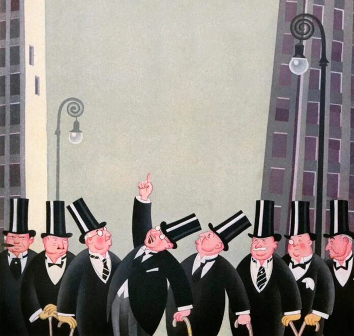 Vintage illustration of a group rich men wearing top hats on Wall Street, 1927. (Illustration by ... [+]Getty Images