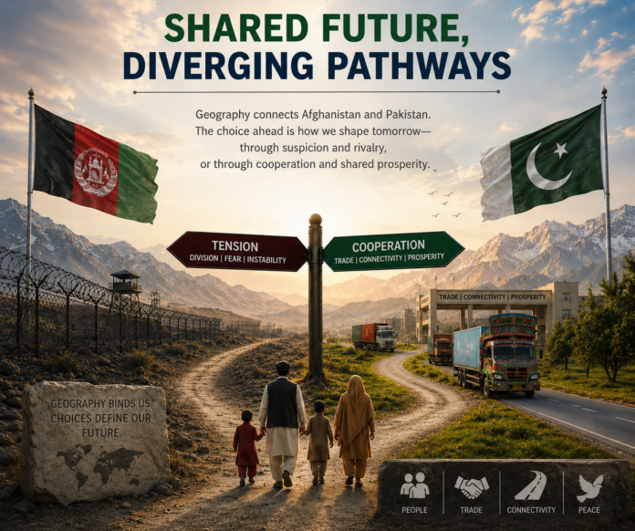 Conceptual illustration showing Afghanistan and Pakistan at a crossroads between tension and cooperation, symbolizing regional stability, trade, and shared geography.