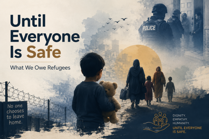 An Afghan refugee child holding a stuffed toy while families face displacement and deportation, symbolizing the human cost of forced migration.