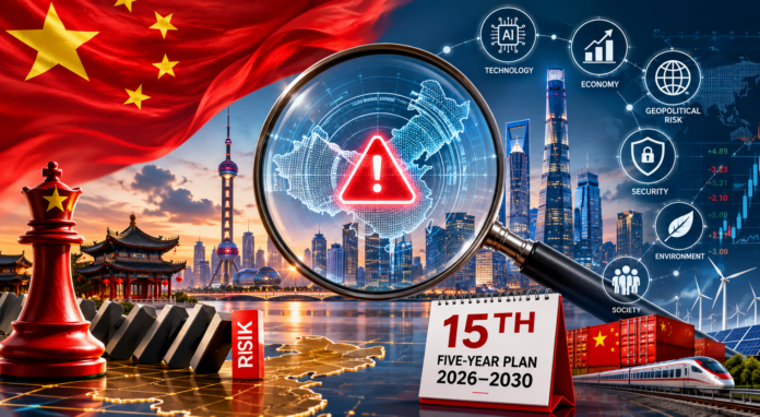Illustration depicting China's 15th Five-Year Plan and its expansion of early-warning risk monitoring systems across finance, technology, energy, and national security.