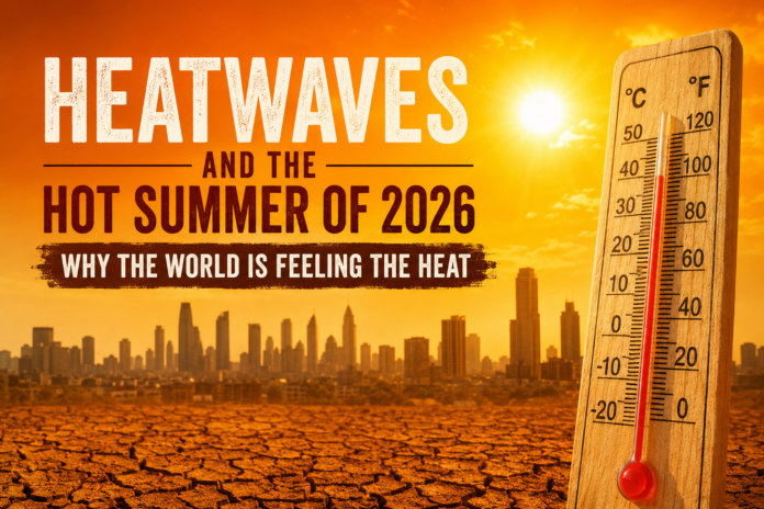 Scorching summer heatwave with blazing sun over a city skyline during the global heatwaves of 2026.