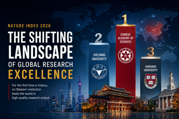 Nature Index 2026 showing China's rise in global research leadership as Zhejiang University and the Chinese Academy of Sciences surpass Harvard University.