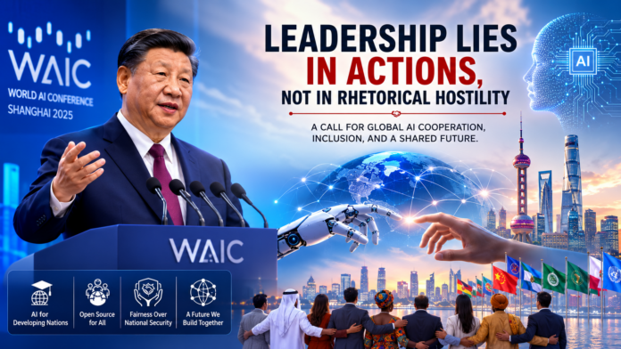 Xi Jinping speaking at the World AI Conference presenting China's vision for global AI cooperation, open-source innovation, and inclusive technological leadership.