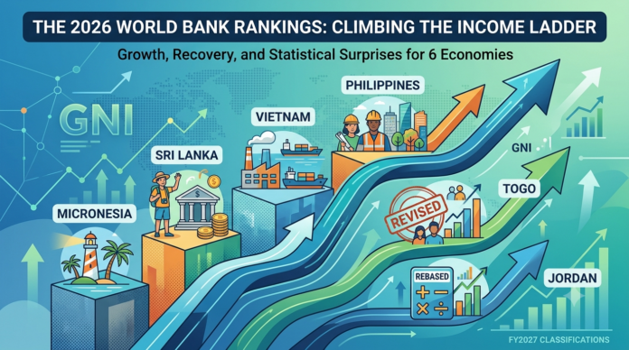 Infographic showing the 2026 World Bank country income rankings and six economies climbing the income ladder