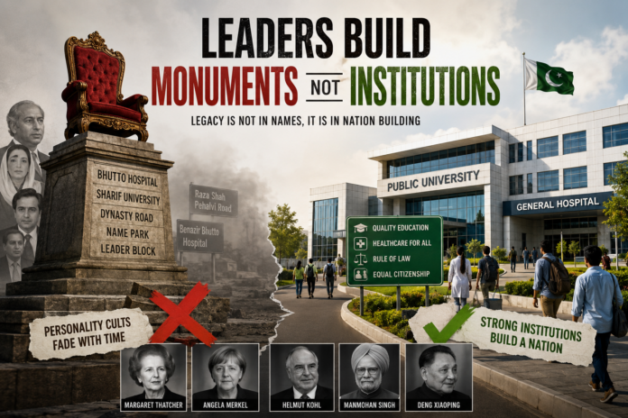 Leaders Build Institutions Not Monuments – Editorial illustration highlighting institution building over personality cults in Pakistan.