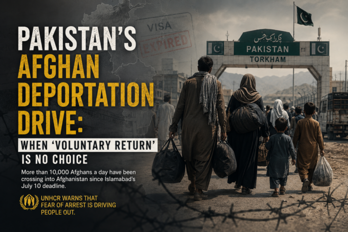 Afghan families crossing the Torkham border during Pakistan's deportation drive amid fears of arrest and humanitarian concerns.