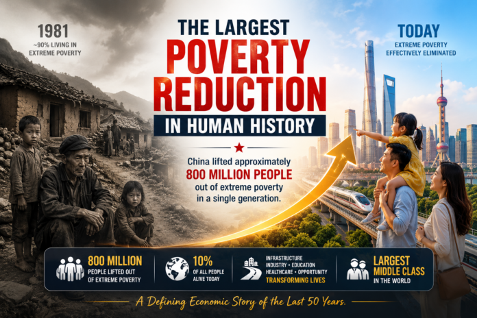 China's transformation from widespread poverty in 1981 to modern economic prosperity, illustrating the reduction of extreme poverty and the rise of the world's largest middle class.