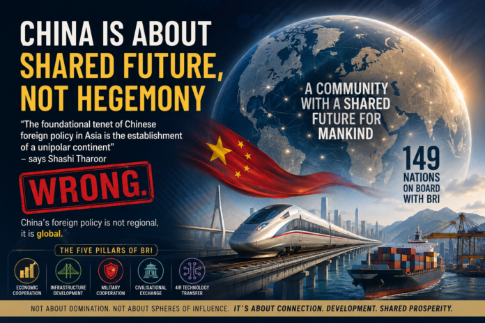 Illustration representing China's Shared Future vision with the Belt and Road Initiative, global connectivity, infrastructure, and a multipolar world order.