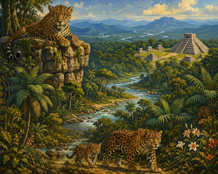Image Alt Text: A wild jaguar resting in the Mexican jungle with Mayan ruins in the background