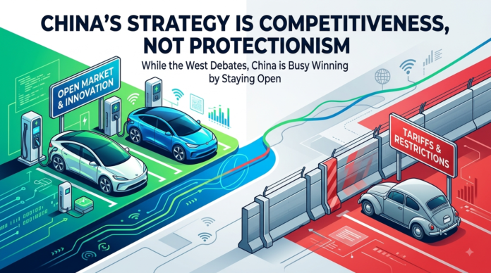 Split visual graphic representing open market EV technology innovation versus trade tariff barrier wall