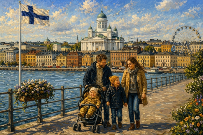 innish family walking along Helsinki harbor near the Cathedral