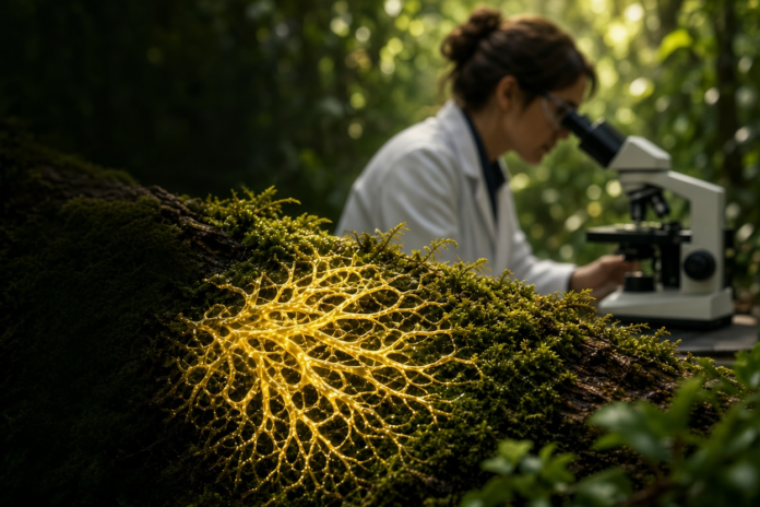 Glowing yellow slime mould network on a mossy log with a scientist examining it under a microscope – brainless intelligence research